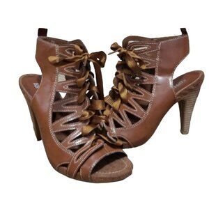 Eldita's 4" Lace Up Gladiator Heels Tan Stiletto Sz 8.5 M Womens Open-Toe Molded